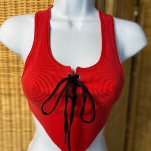 Vintage Y2K Red Ribbed Tank Top with Black Lace-Up Detail